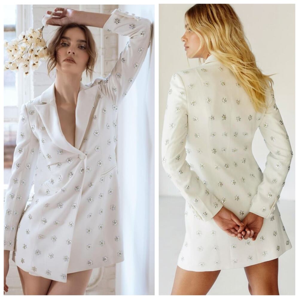 Jay Godfrey Embellished Blazer Dress White Crystal Mini Dress Size 4 Anthr